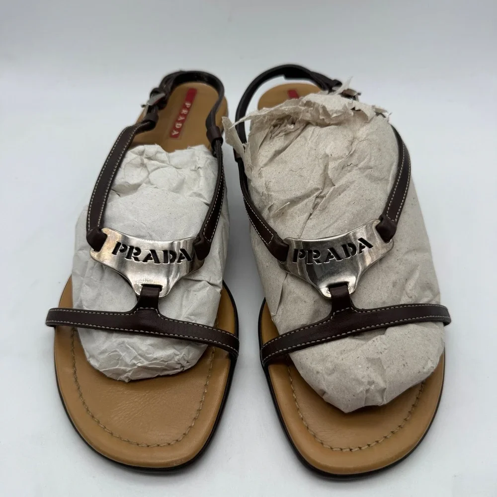Prada Vintage Metal Triangle Logo Slingback Kitten Heel Sandals in Brown Leather